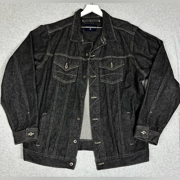Nautica Jeans Company Jacket Mens 2XL Black Denim Trucker Button Front Pockets - Picture 1 of 14